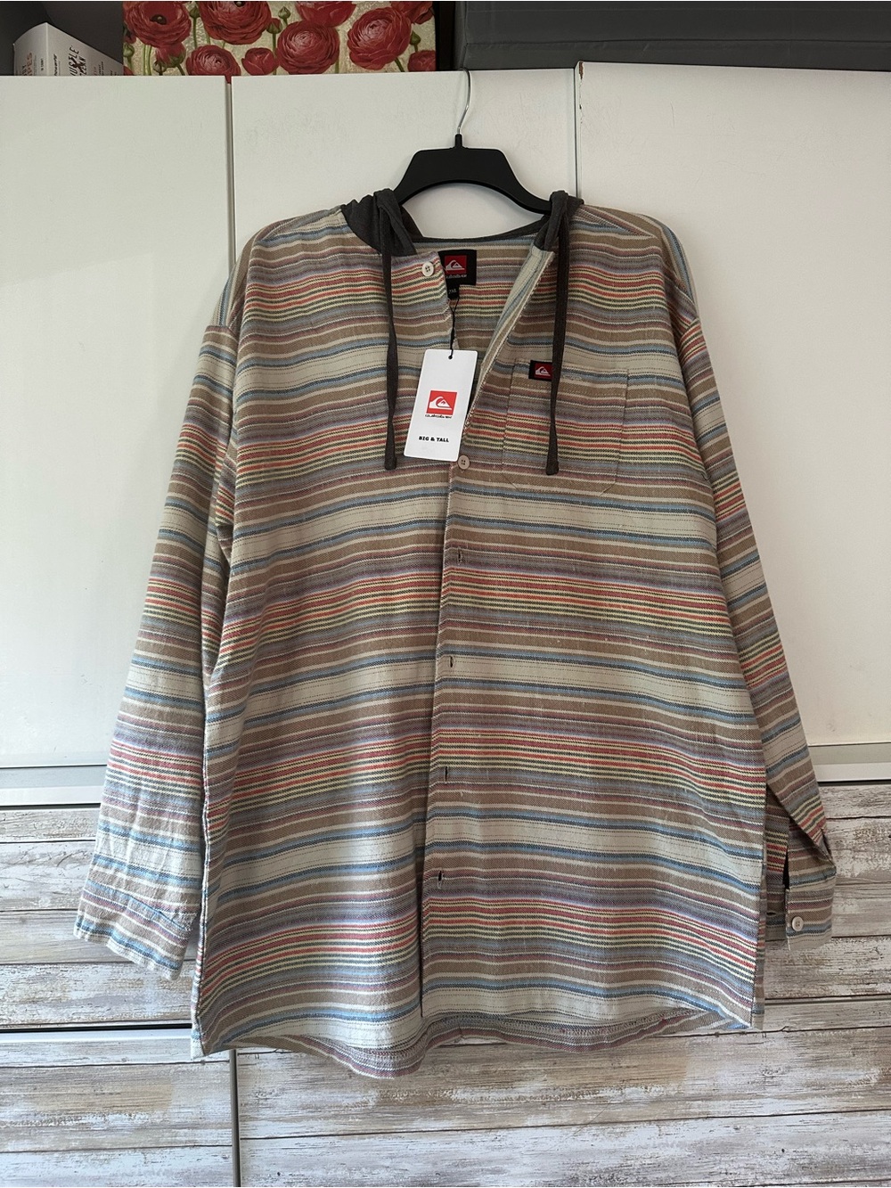🌊 NWT Quiksilver Big & Tall Baja Stripe Hooded Henley Shirt 2XL